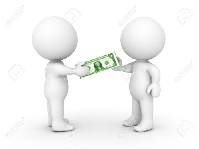 3D ilustration depicting the transaction of money. Isolated on white.